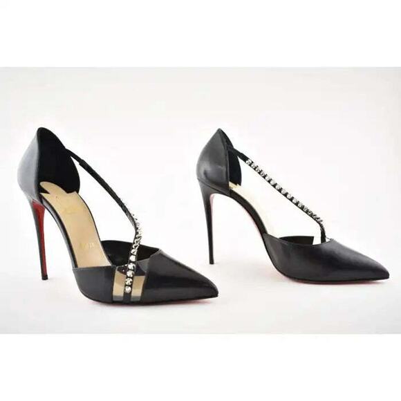 Christian Louboutin Spike Cross 100 Black PVC Silver Criss Strap Heel Pump 35.5 - Picture 4 of 12